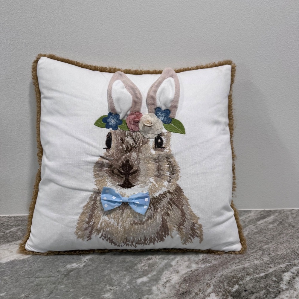 Loving Kindness Easter Bunny Embroidered Throw Pillow Floral Crown Bow Tie 12x12